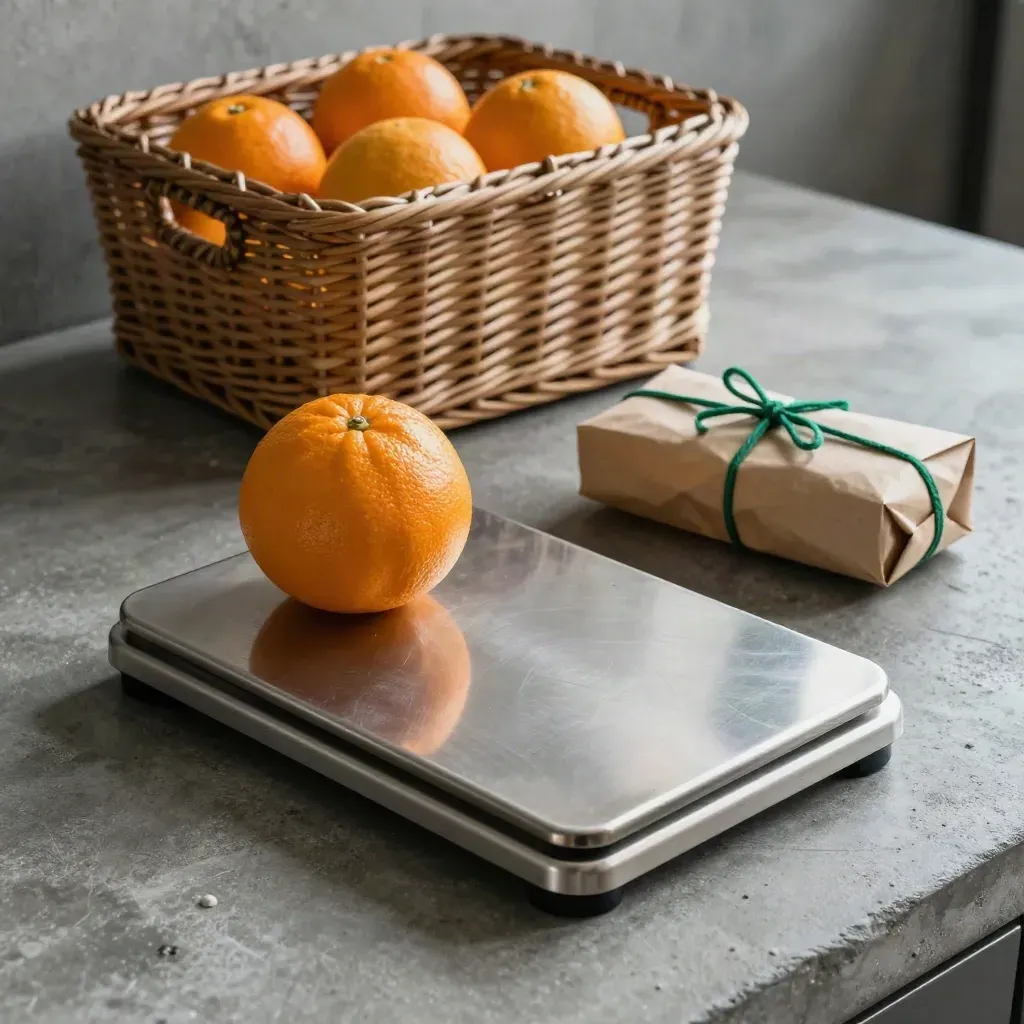 Brushed-steel produce scale beside a wicker citrus crate and paper-wrapped bundle on concrete.