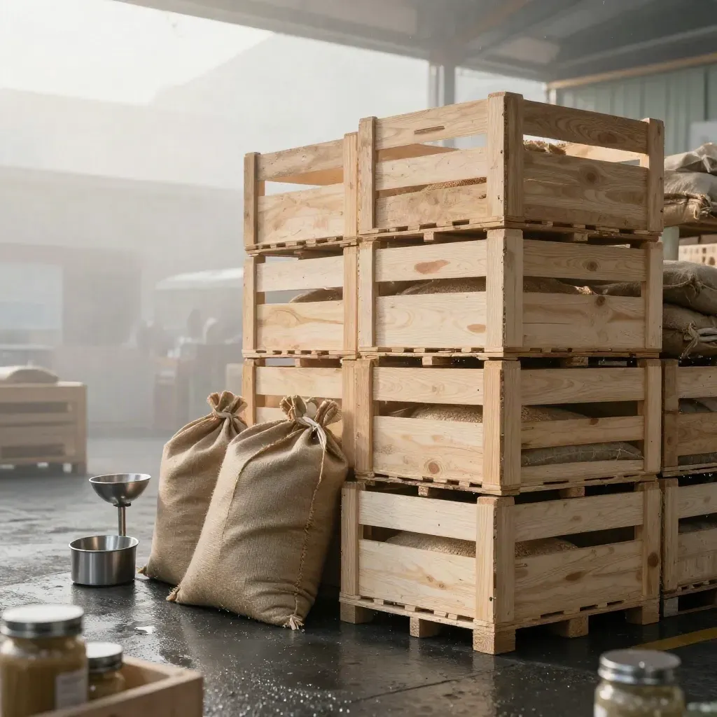 Stacked produce crates, grain sacks, scoop and sample jars on rain-dark stone at dawn.
