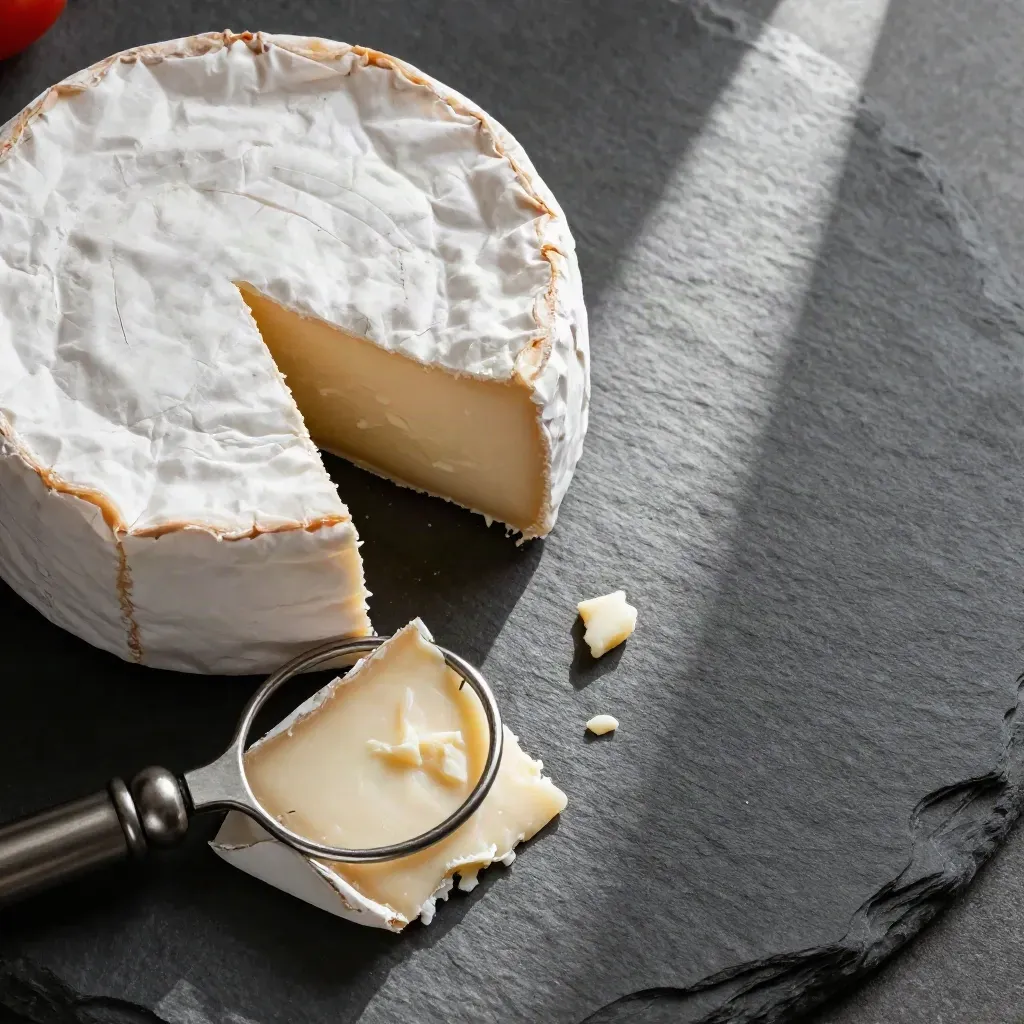 Top-down cheese board with wheel, cheese paper and wire cutter on graphite slate.