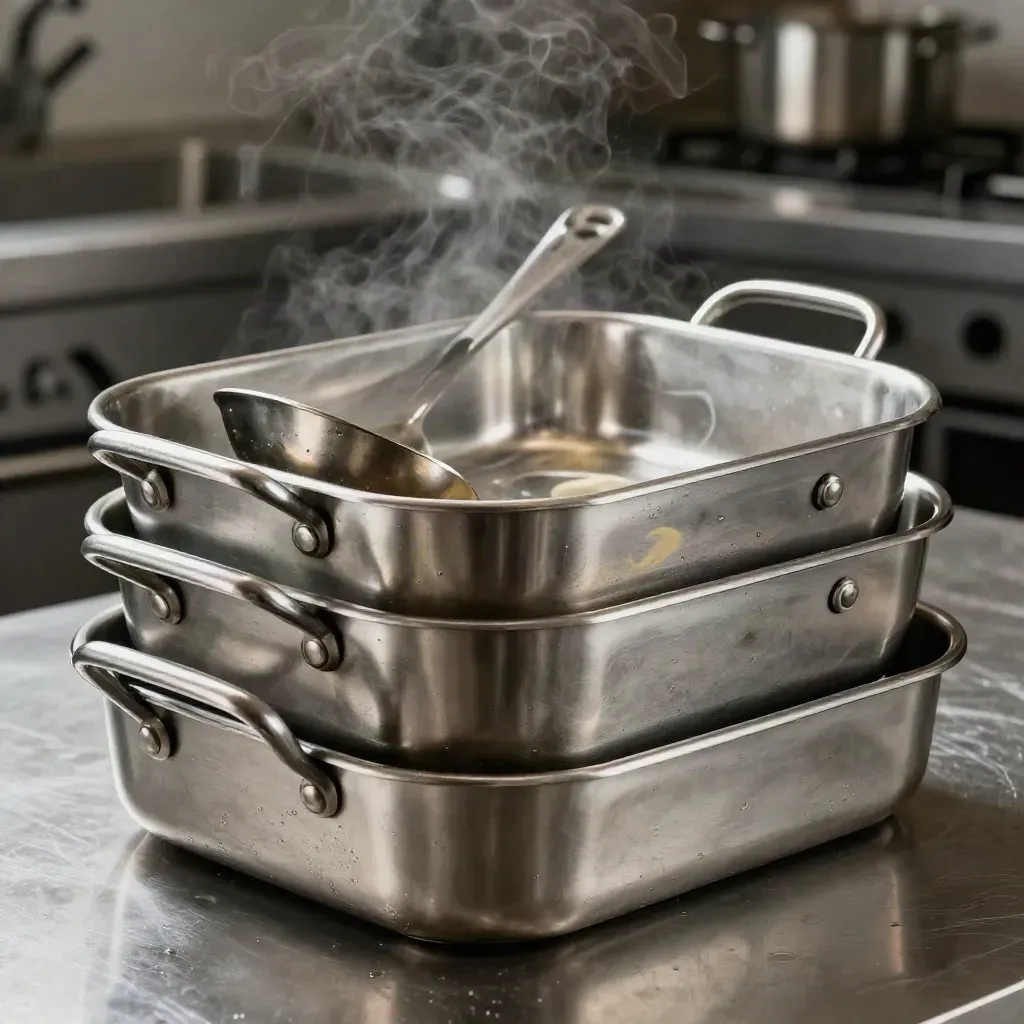 Steel catering pans, ladle, and insulated carrier latch on brushed metal with steam
