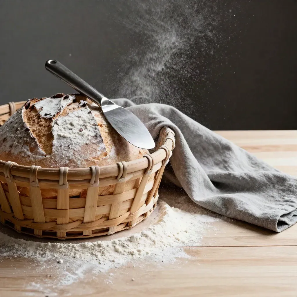 Flour-dusted banneton, dough scraper and linen cloth on pale wood under dramatic studio light.