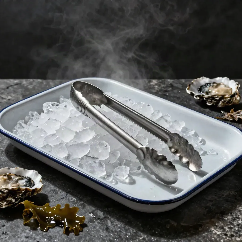 Seafood ice bed with shellfish tong and enamel tray on dark stone, lit dramatically