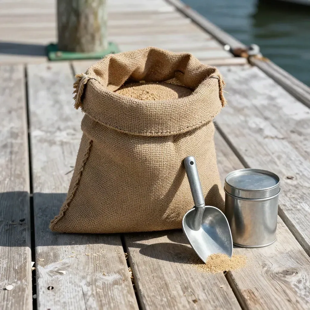Burlap grain sack, scoop and tin containers on a weathered dock board in raking light.