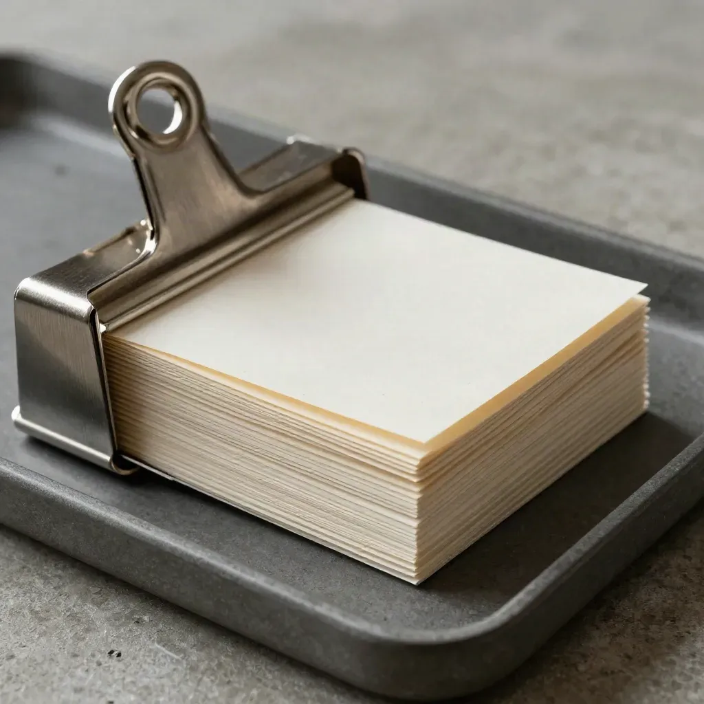 Macro of a tabbed file index with divider clip and face-down sample cards on graphite