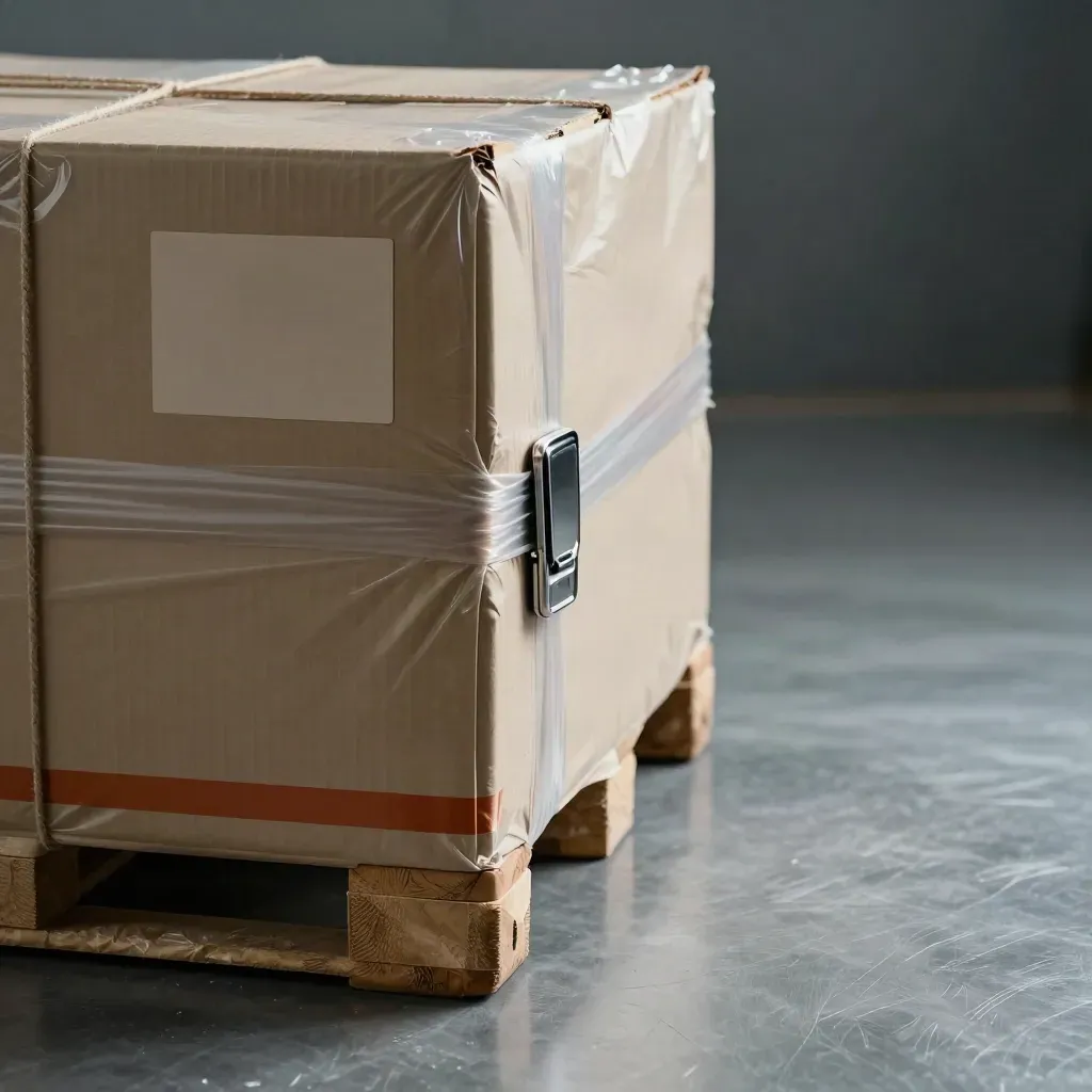 Shrink-wrapped wholesale case corner with strap buckle and turned pallet tag on metal.