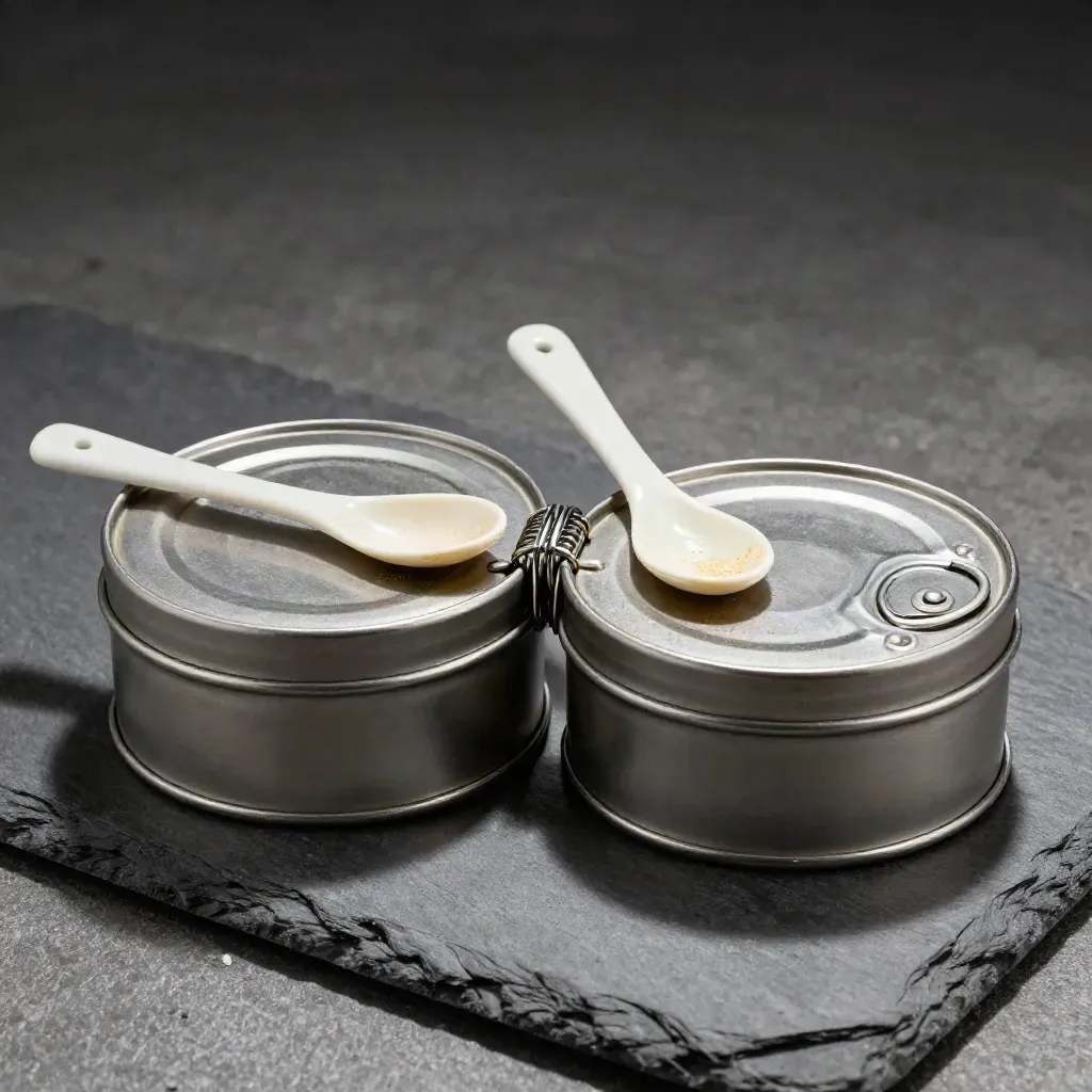 Ingredient sample tins, steel clip and ceramic spoons on graphite slate, top-down close crop.