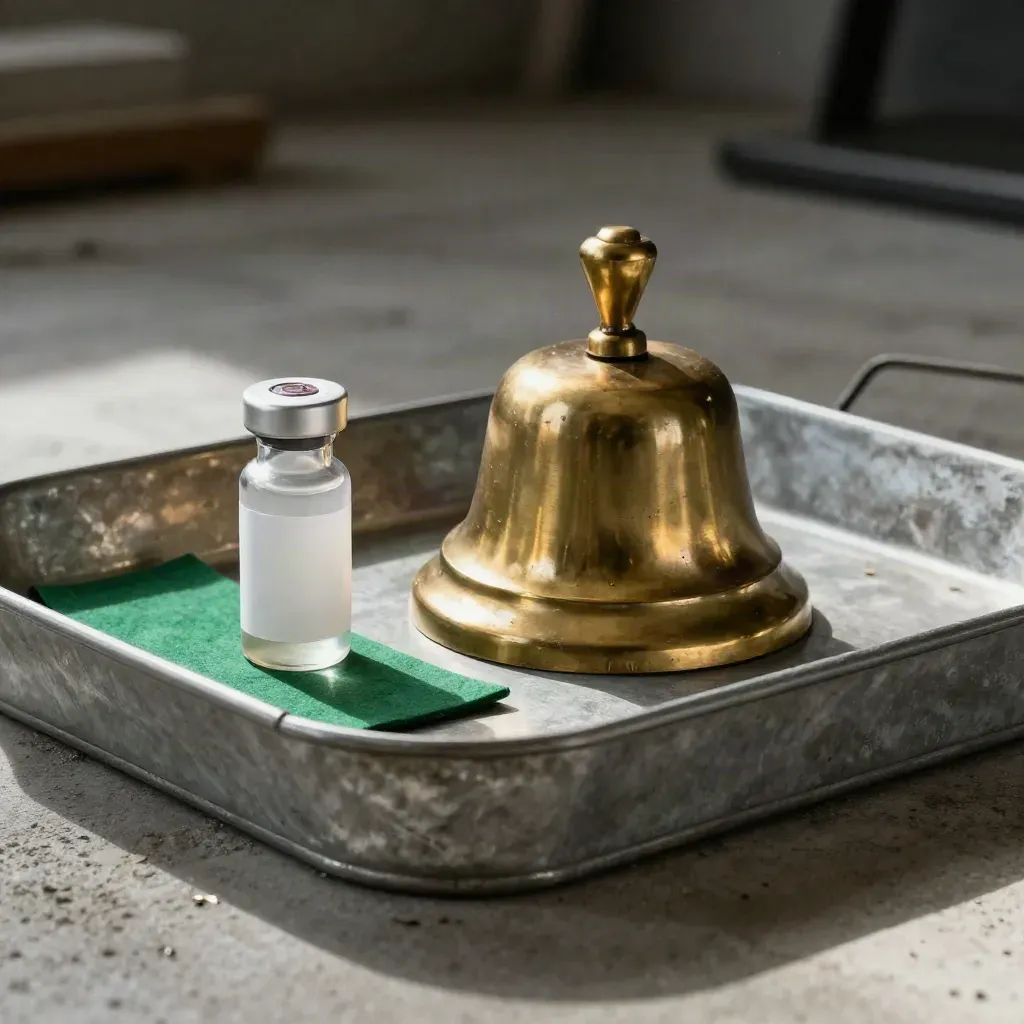 Brass call bell, metal inbox tray, and sealed sample vial on concrete in soft light.