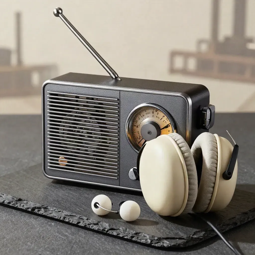 Macro still life of a portable radio, antenna, and ear protectors on dark slate with soft cream light.