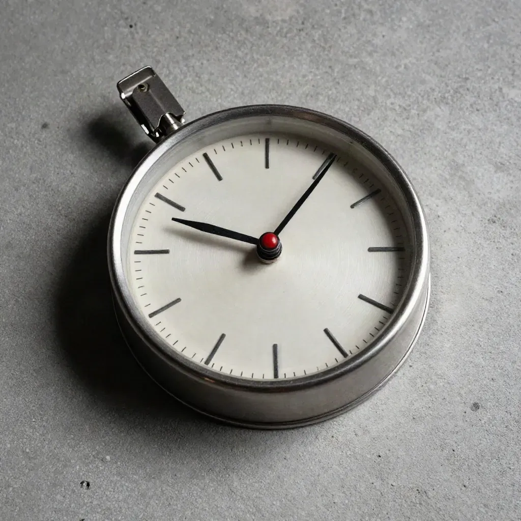 Brushed metal desk clock, appointment wheel, and badge clip on pale concrete.