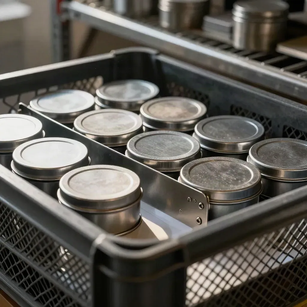 Sample tins, clip rail and divider file seen through a frosted crate edge