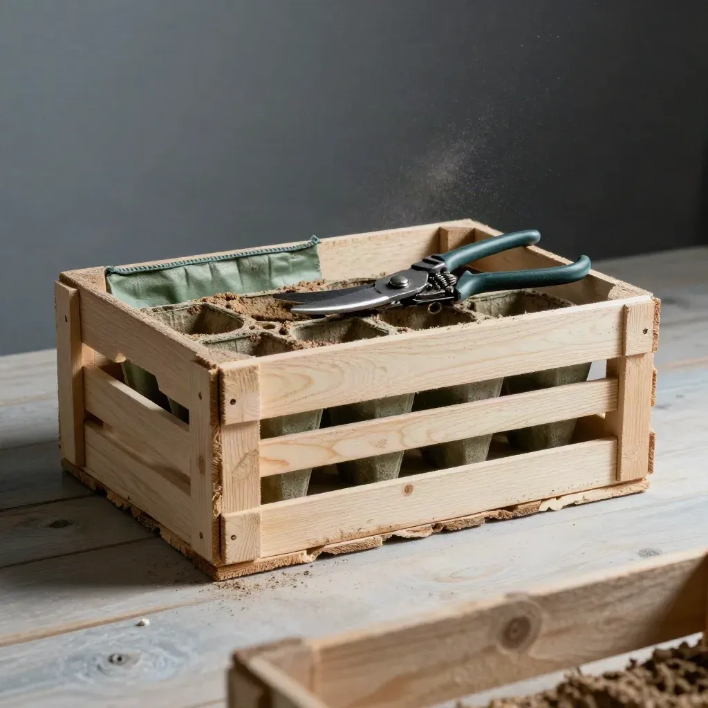 Harvest crate with seed trays, pruning shears and liner on pale wood, seen through a blurred crate rim.