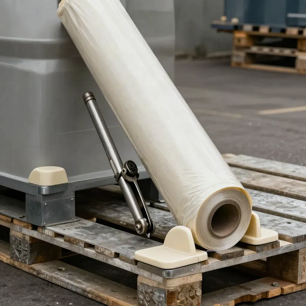 Pallet wrap roll, strap crimper and route divider on brushed metal in dock mist.