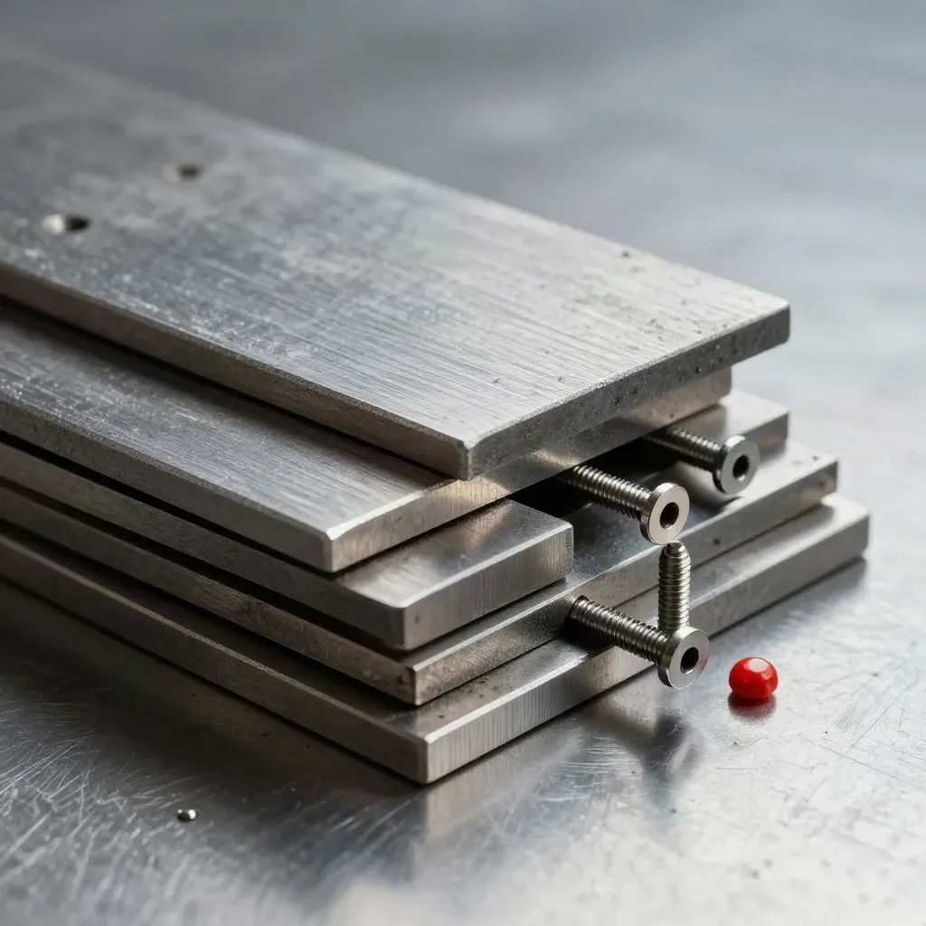 Stacked steel plates aligning over pins on brushed metal, with a tiny red accent