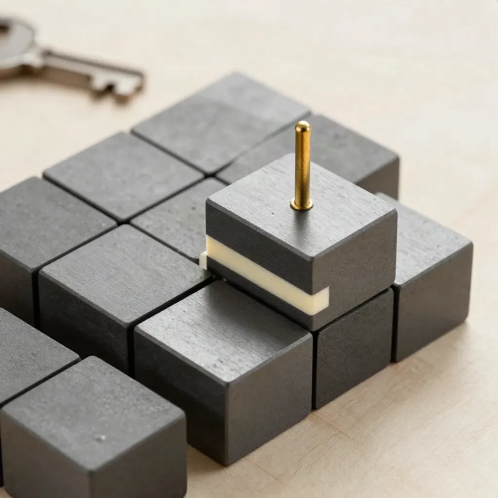 Overhead still life of graphite blocks, brass pin and spacer on pale wood.