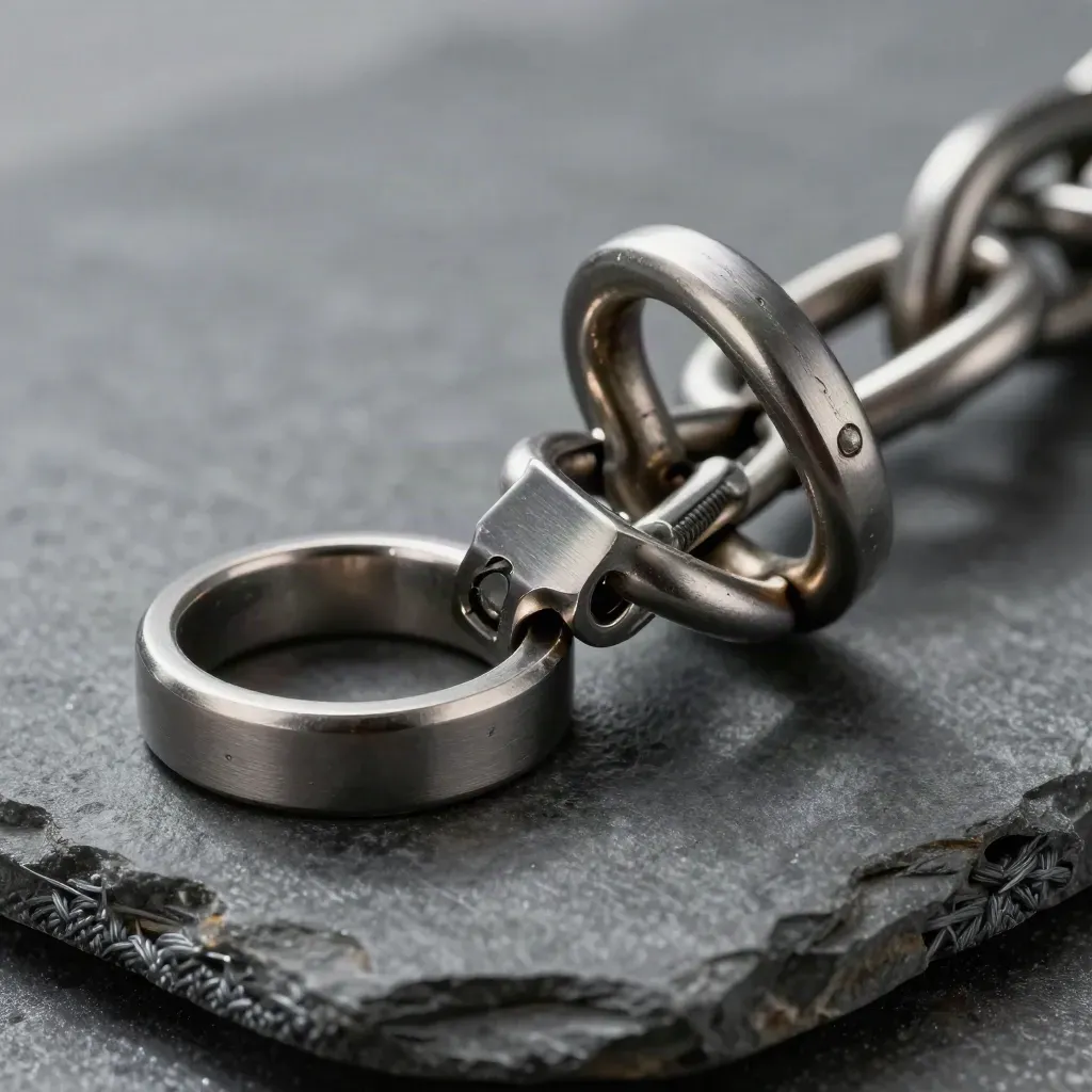 Macro of machined metal rings and a connector block on dark graphite stone
