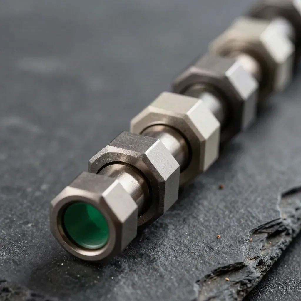 Modular metal connectors and a steel ring on slate, lit by soft window light.