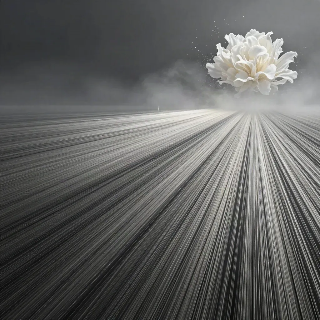Silver filaments converge into a soft white bloom in dark graphite haze.
